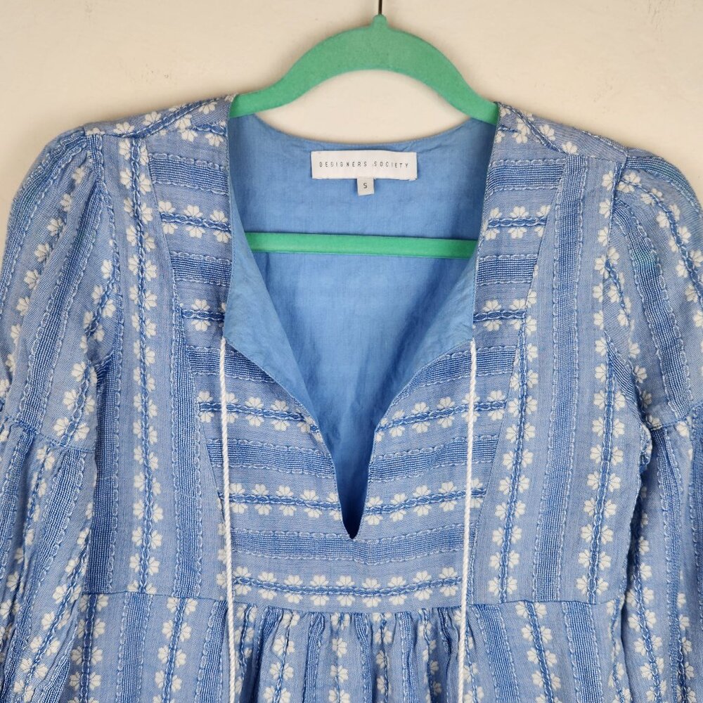 Designers Society Boho Peasant Gauzy Long Sleeve Mini Dress Blue White sz S - Picture 4 of 12